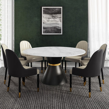 47.2" Round White Stone Dining Table Black Carbon Steel Base